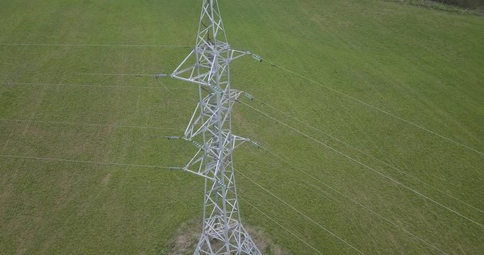 Aerial view of power pylon in filed, Russia