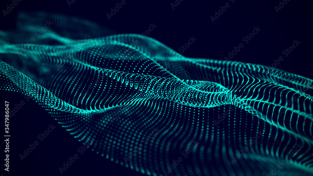 Poster Dynamic particles wave. Blue dots on black background. Digital landscape. 3d rendering. Big data visualization 3D. Futuristic backdrop for design, wallpaper.