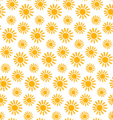 Seamless pattern with hand drawn yellow doodle suns on white background. Vector illustration for textile and fabric, cover, print on clothes.