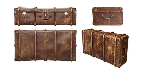 Vintage wooden suitcase set isolated on white background. Brown wooden suitcase collection