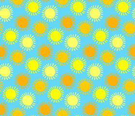 Fototapeta na wymiar Seamless pattern with hand drawn yellow doodle suns on blue background. Vector illustration for textile and fabric, cover, print on clothes.