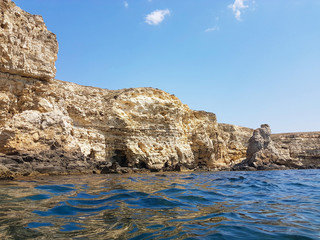 Cape Tarkhankut in Crimea.Rocks and sea in summer.