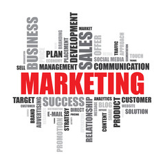 Word cloud Marketing (red and grey letters) on white background