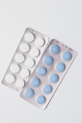 Blisters of pharmacy isolated on white, top view