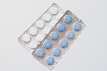 Blisters of pharmacy isolated on white, top view