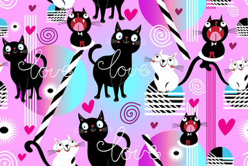 Seamless funny pattern of loving cats and hearts