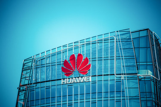 VILNIUS, LITHUANIA - July 30, 2017 : Huawei skyscraper in Vilnius city center. Modern office of the Chinese technology company Huawei Headquarters in Vilnius, Lithuania