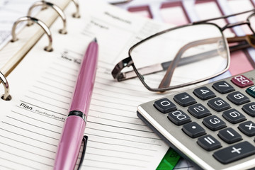 Items for business on bright colors in the office on the table