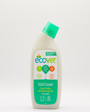 Irvine, Scotland, UK - June 22, 2020: Ecover branded alternative toilet cleaner in recyclable plastic bottle and cap. Scarse due to Corona Virus. Covid-19