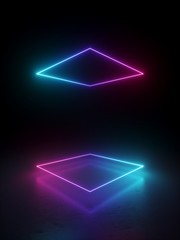 3d render, abstract minimal geometric background. Glowing neon lines. Stage laser show illumination. Blank rectangular shapes, square frames, virtual reality with copy space - obrazy, fototapety, plakaty