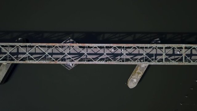 Aerial top down view on Railway bridge Kupferdreh in Essen, North Rhine-Westphalia, Germany
