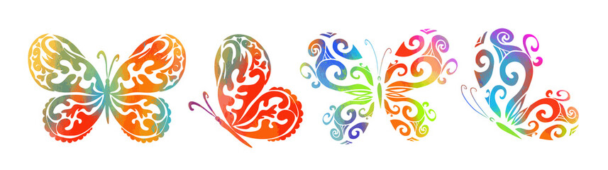 multi-colored paint butterfly set. Abstract mosaic of butterflies. Mixed media. Vector illustration