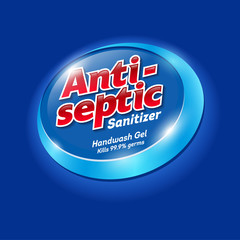 Antiseptic logo. Sanitizer gel, antiseptic and virus protection. Sanitizer for hands and body. Glossy lettering on blue background.