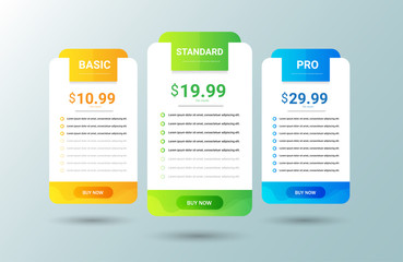 Modern pricing table, plan template . Price list collection for applications or websites. vector illustration.