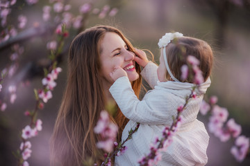 Obraz premium Young mother with a little daughter in blooming gardens. Young family on a walk in the countryside in the gardens.