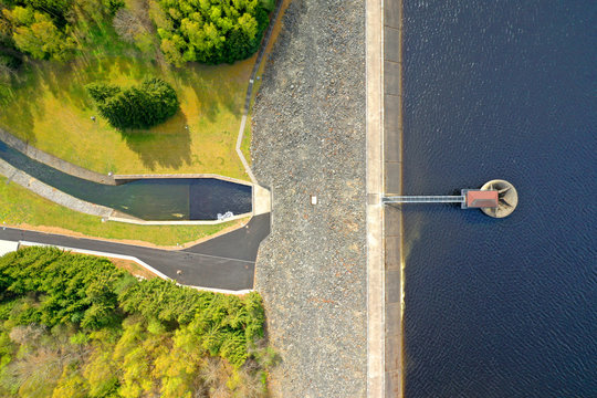 The Lucina Reservoir on Mze River is  hydroelectric dam in Western Bohemia. Aerial view to important source of sustainable energy and drinking water in Czech Republic.