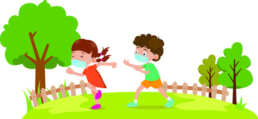 a boy and a girl playing tag together outside while using medical mask