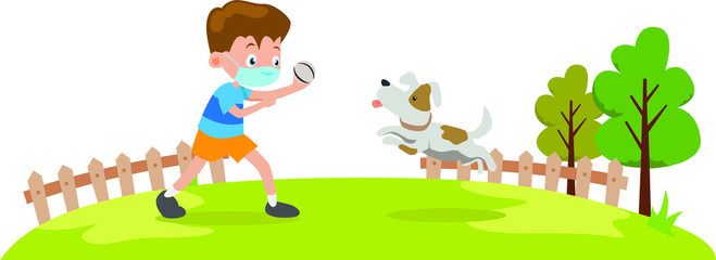 a boy playing a fetch with his dog while using medical mask