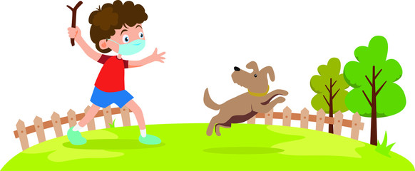 a boy playing a fetch with his dog while using medical mask