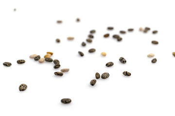 Seeds chia isolated on white. Pile healthy food organic background. Superfood high vitamin e, antioxidant, omega-3, protein and dietary fiber for healthy food.