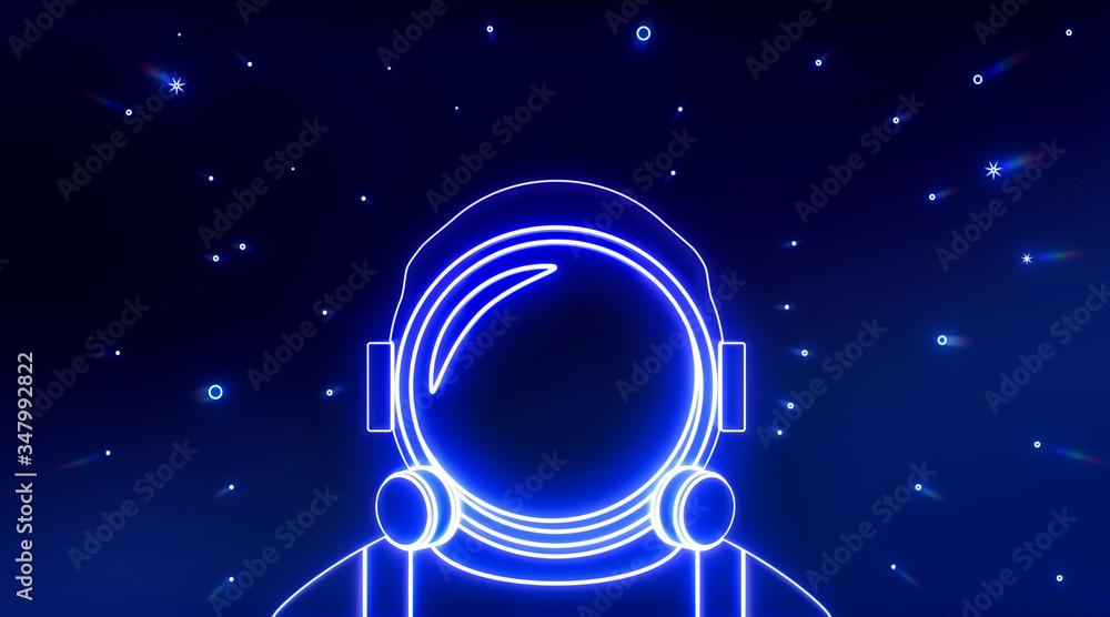 Poster astronaut helmet neon icon with light stars. elements of space set. simple icon for websites, web de