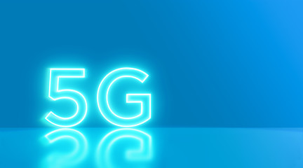 5G neon light icon abstract blue background. with empty space. High speed wifi or wireless network. Concept mobile Internet technology symbol.