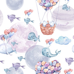 Seamless pattern with bears and whales. Colorful watercolor hand painted clipart on white background.  Trendy illustration. Fashion modern style. Fabric print, wrapping paper, packaging, textile.