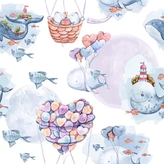 Tuinposter Dieren met ballon Naadloze patroon met beren en walvissen. Kleurrijke aquarel handgeschilderde clipart op witte achtergrond. Trendy illustratie. Mode moderne stijl. Stof print, inpakpapier, verpakking, textiel.