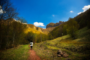 Fototapeta premium Group of hiker on old mountain (stara planina) in serbia at early spring