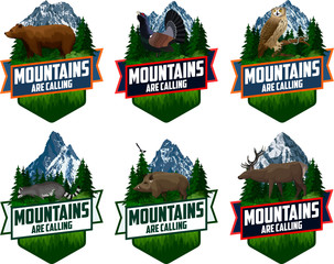 The Mountains Are Calling. vector Outdoor Adventure Inspiring Motivation Emblem logo illustration with deer, wood grouse, eagle owl, wild hog boar and  brown grizzly bear
