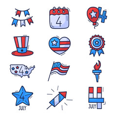 4 July icon set. Usa Independence Day hand drawn doodle Icons Isolated On White Background. Hand Draw cartoon style Traditional United States