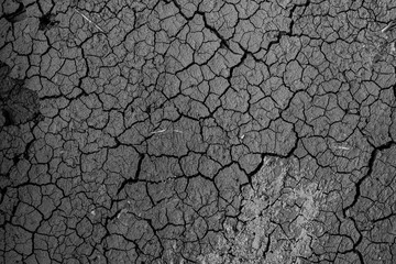 Dry ground cracked from drought. black and white