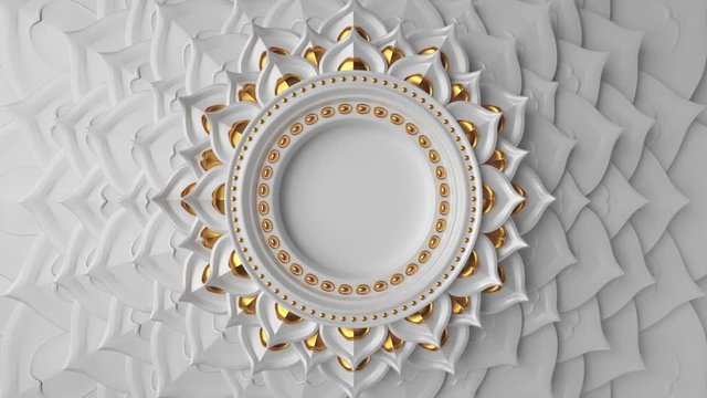 3d abstract white gold decorative asian background, animated blank round frame with copy space, seamless animation of mandala design