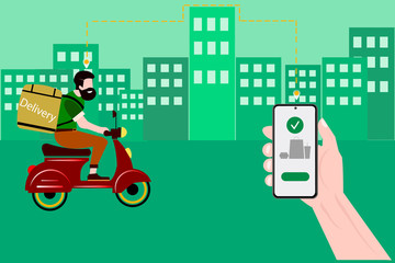 Food delivery service by scooter with courier. Hand holding mobile application tracking a delivery man on a moped. city skyline in the background