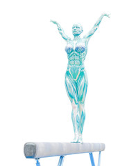 muscle woman doing a gymnastic on balance beam in white background