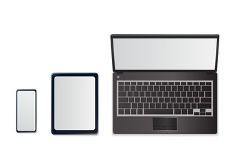 Realistic Laptop, Tablet and Smartphone with Blank Wallpaper Screen Isolated on White Background.