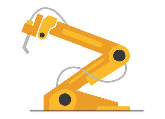Vector flat robot arm welding at factory line. Modern plant tech manipulator illustration. Isolated futuristic industrial mechanical hand drawing on white background.