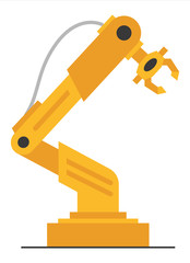 Vector flat robot arm welding at factory line. Modern plant tech manipulator illustration. Isolated futuristic industrial mechanical hand drawing on white background.