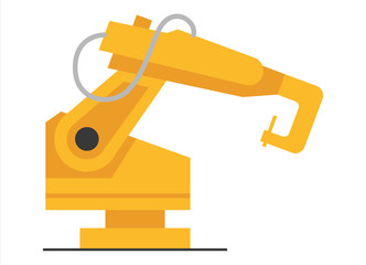 Vector flat robot arm welding at factory line. Modern plant tech manipulator illustration. Isolated futuristic industrial mechanical hand drawing on white background.