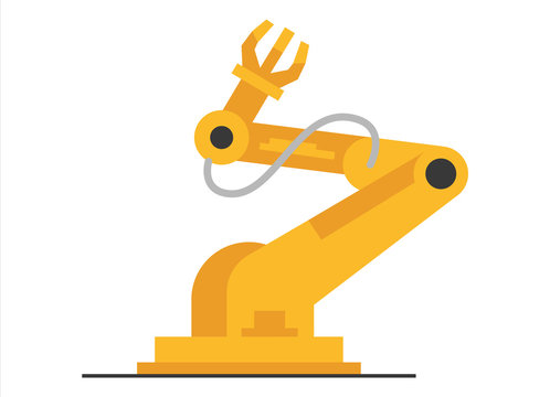 Vector flat robot arm welding at factory line. Modern plant tech manipulator illustration. Isolated futuristic industrial mechanical hand drawing on white background.