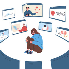 The young depressed woman is tired of a lot of information around her.Stress from excessive amounts of information and news.Information detox.Information silence.Bad news.