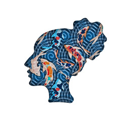 Obraz premium Vector art. Profile of a young woman. Pattern of carp under the water surface. Mosaic in Greek style, ethnic vibes. Calm, travel, meditation, study and knowledge of the concept. 