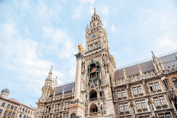 The 27th of May 2019-Panorama of Marienplatz and Munich city hall at morning in Munich, Germany.