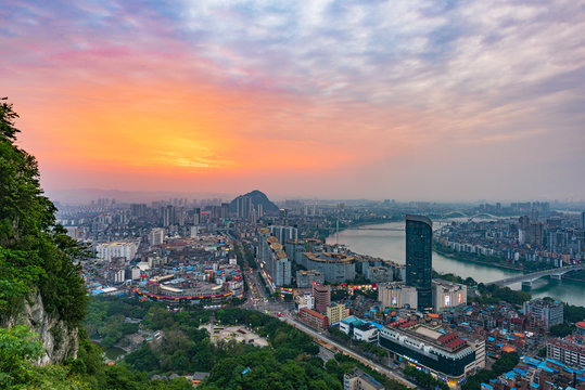 City skyline scenery at sunset in Ma'anshan, Yufeng District, Liuzhou City, Guangxi, China