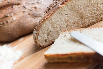 Pane appena sfornato con fetta in primo piano / Freshly baked bread with slice in the foreground