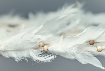 Plumage and beads of a Native American Dreamcatcher. Close up. Selective focus.
