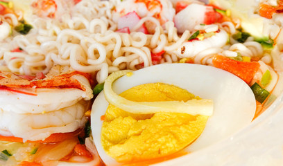 Close-up of tradional fish Japanese noodle ramen. Concept Japanese Gourmet food.