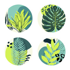 Abstract round compositions of tropical plant palm leaf, geometric figures and animal pattern. Vector illustartion.