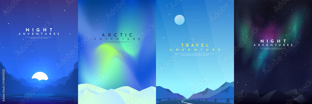 Wall mural vector abstract background set. minimalist style. flat concept. 4 landscapes collection. clouds by t
