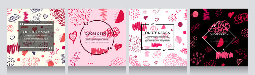 Vector illustration. Doodle graphic covers set. Hand drawn frame with text. Design for social media, poster, wedding invitation. Color abstraction for print. Cute childish wallpapers with love quotes